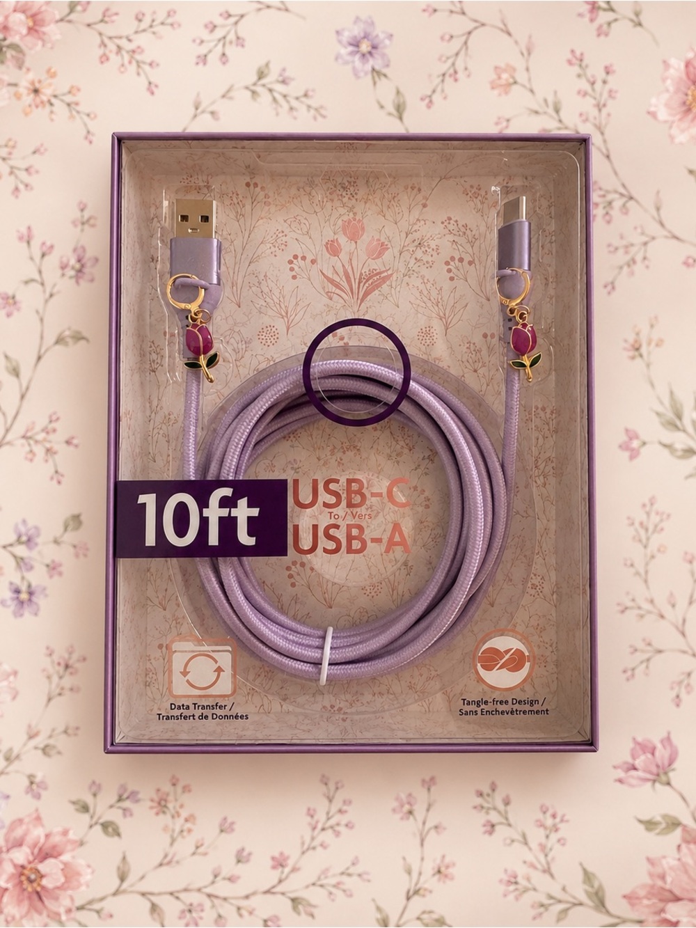 10ft USB-C to USB-A Braided Cable in Lavender w/pink rose charms